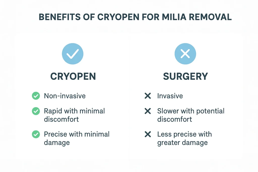 Benefits of cryopen for milia removal Feltham compared to surgical treatments.