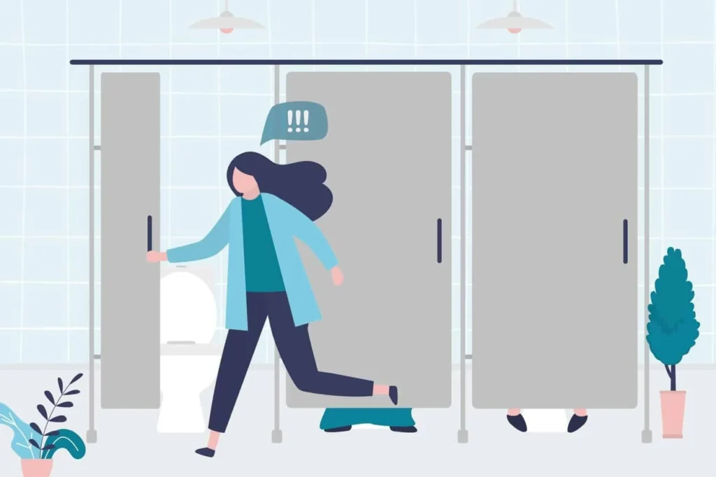 graphic of Urine incontinence Feltham woman running to the toilet.