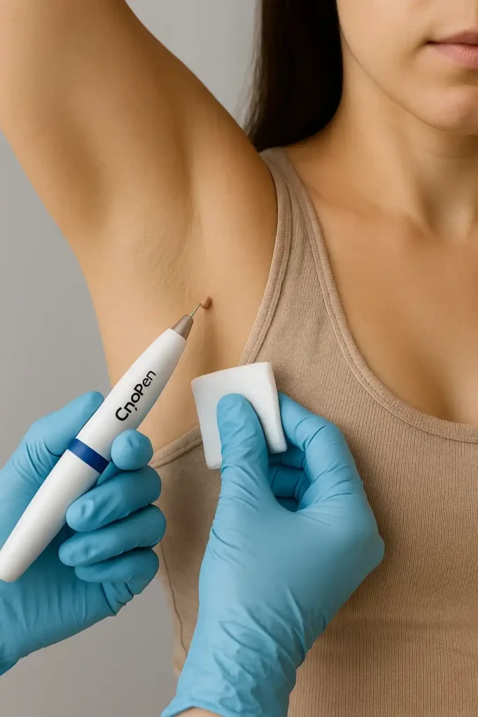 woman having cryopen to remove underarm skin tags Feltham