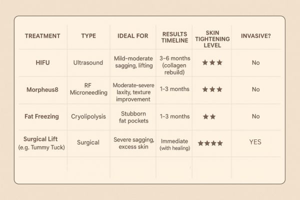 Table showing the comparisons of Skin tightening Feltham treatment options. 